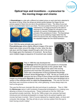 Optical Toys and Inventions – a Precursor to the Moving Image and Cinema