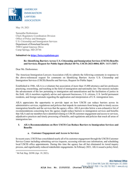 May 19, 2021 Samantha Deshommes Chief, Regulatory Coordination Division Office of Policy and Strategies U.S. Citizenship And