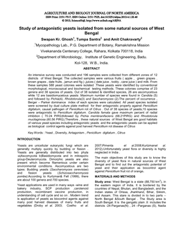 Study of Antagonistic Yeasts Isolated from Some Natural Sources of West Bengal Swapan Kr