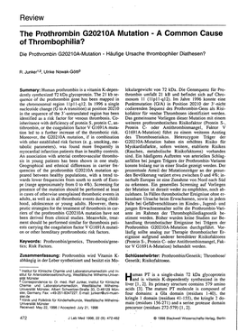 Review the Prothrombin G20210A Mutation - a Common Cause of Thrombophilia? Die Prothrombin G20210A-Mutation - Häufige Ursache Thrombophiler Diathesen?