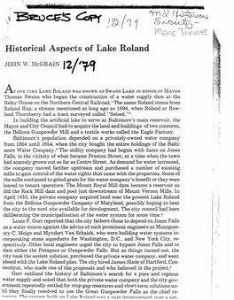 Historical Aspects of Lake Roland JOHN W. Mcgrain 12/07,,Cr