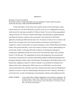 ABSTRACT WESLEY CALVIN JACKSON from Hills to Plains: Cormac Mccarthy's Use of Landscape, Terrain, and Environment (Under the D