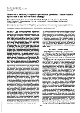 Monoclonal Antibody-Superantigen Fusion Proteins: Tumor-Specific Agents for T-Cell-Based Tumor Therapy MIKAEL DOHLSTEN*T, LARS Abrahmstnt, PER BJ6RK*, PETER A