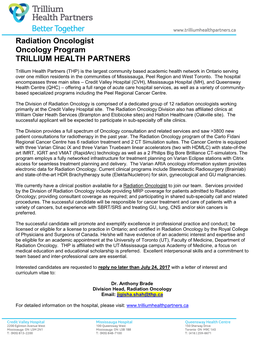 Radiation Oncologist Oncology Program TRILLIUM HEALTH PARTNERS