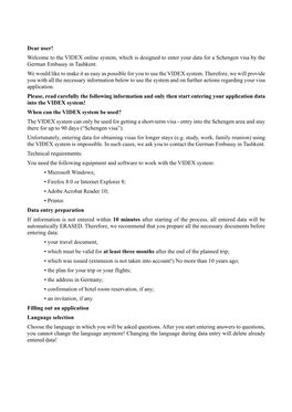 The VIDEX Online System, Which Is Designed to Enter Your Data for a Schengen Visa by the German Embassy in Tashkent