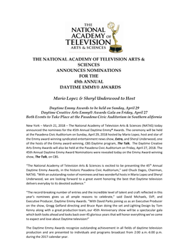 THE NATIONAL ACADEMY of TELEVISION ARTS & SCIENCES ANNOUNCES NOMINATIONS for the 45Th ANNUAL DAYTIME EMMY® AWARDS Mario