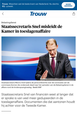 Staatssecretaris Snel Misleidt De Kamer in Toeslagenaffaire