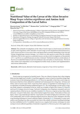 Nutritional Value of the Larvae of the Alien Invasive Wasp Vespa Velutina Nigrithorax and Amino Acid Composition of the Larval Saliva