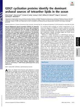 GDGT Cyclization Proteins Identify the Dominant Archaeal Sources of Tetraether Lipids in the Ocean