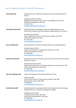 List of Shadow Ministers of the 56Th Parliament