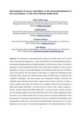 Determinants of Success and Failure in the Internationalisation of the Cork Business: a Tale of Two Iberian Family Firms