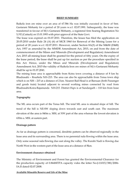 BRIEF SUMMARY Raikela Iron Ore Mine Over an Area of 67.586 Ha