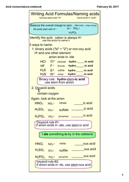 Acid Nomenclature.Notebook February 02, 2017 Writing Acid Formulas/Naming Acids Formula Starts with 