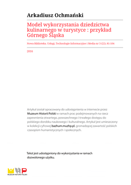 Arkadiusz Ochmański Model Wykorzystania Dziedzictwa Kulinarnego W Turystyce : Przykład Górnego Śląska