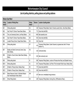 List of Polling Districts, Polling Places and Polling Stations