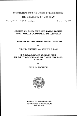 Studies on Paleocene and Early Eocene Apatemyidae (Mammalia, Insectivora)