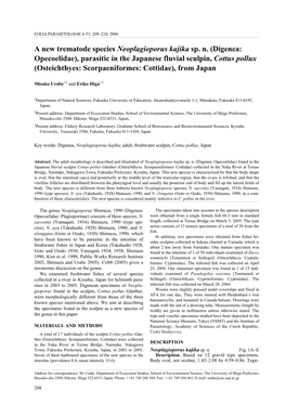 Digenea: Opecoelidae), Parasitic in the Japanese Fluvial Sculpin, Cottus Pollux (Osteichthyes: Scorpaeniformes: Cottidae), from Japan