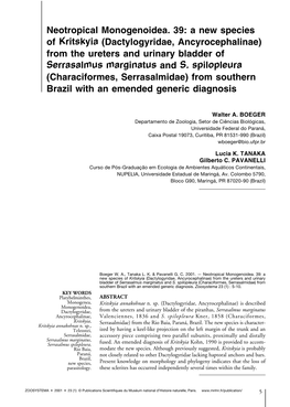 Neotropical Monogenoidea. 39: a New Species of Kritskyia (Dactylogyridae, Ancyrocephalinae) from the Ureters and Urinary Bladder of Serrasalmus Marginatus and S. Spilopleura