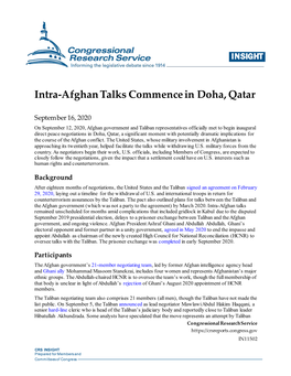 Intra-Afghan Talks Commence in Doha, Qatar