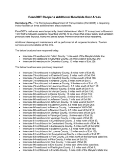 Penndot Reopens Additional Roadside Rest Areas