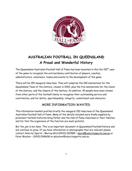AUSTRALIAN FOOTBALL in QUEENSLAND a Proud and Wonderful History