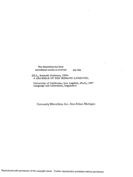 A GRAMMAR of the SERRANO LANGUAGE. University of California, Los Angeles, Ph.D., 1967 Language and Literature, Linguistics