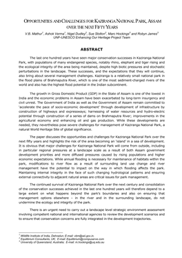 Opportunities and Challenges for Kaziranga National Park, Assam Over the Next Fifty Years