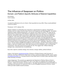 The Influence of Seapower on Politics: Domain- and Platform-Specific Attributes of Material Capabilities Erik Gartzke Jon R