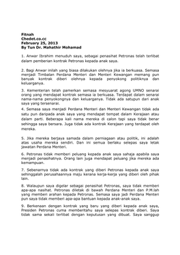 Fitnah Chedet.Co.Cc February 25, 2013 by Tun Dr. Mahathir Mohamad 1. Anwar Ibrahim Menuduh Saya, Sebagai Penasihat Petronas