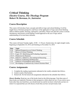 Critical Thinking Course Syllabus