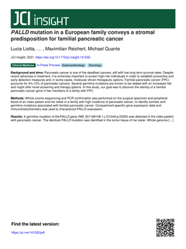 PALLD Mutation in a European Family Conveys a Stromal Predisposition for Familial Pancreatic Cancer