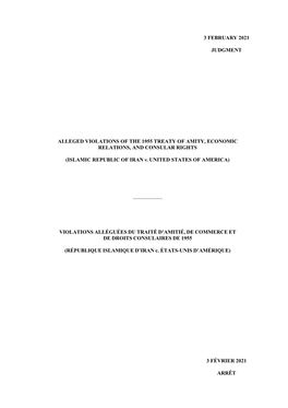 3 February 2021 Judgment Alleged Violations of the 1955 Treaty of Amity, Economic Relations, and Consular Rights (Islamic Republ