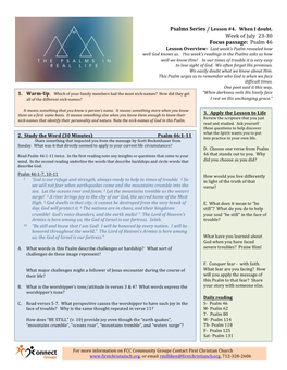 Week of July 23-30 Focus Passage: Psalm 46 Lesson Overview- Last Week’S Psalm Revealed How Well God Knows Us