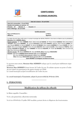 I– PERSONNEL Modification Du Tableau Des Effectifs