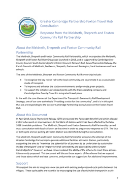 Greater Cambridge Partnership Foxton Travel Hub Consultation Response from the Meldreth, Shepreth and Foxton Community Rail Partnership