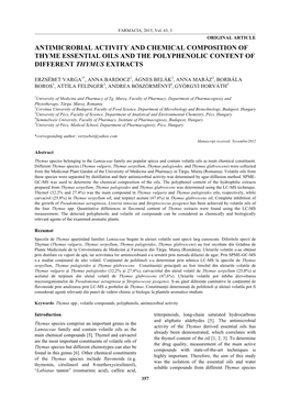 Antimicrobial Activity and Chemical Composition of Thyme Essential Oils and the Polyphenolic Content of Different Thymus Extracts