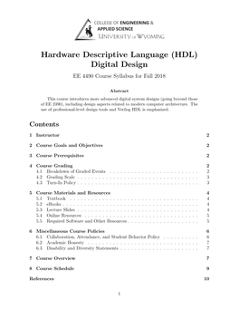 Hardware Descriptive Language (HDL) Digital Design EE 4490 Course Syllabus for Fall 2018