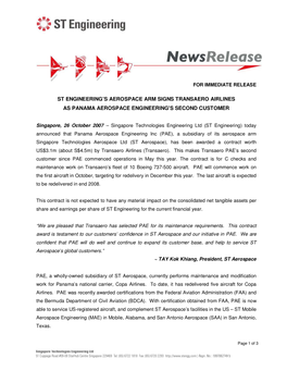 St Engineering's Aerospace Arm Signs Transaero