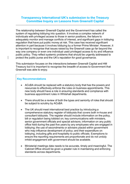 Transparency International UK's Submission to the Treasury Committee Inquiry on Lessons from Greensill Capital