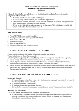 PACKAGE LEAFLET: Information for the Patient TINAZOL® 500 Mg Film-Coated Tablets Tinidazole