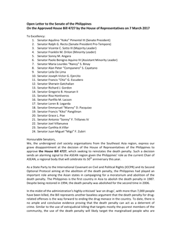 Open Letter to the Senate of the Philippines on the Approved House Bill 4727 by the House of Representatives on 7 March 2017