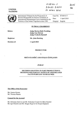 Decision Granting in Part Prosecution's Motions for Judicial Notice of Adjudicated Facts Pursuant to Rule 94(B)