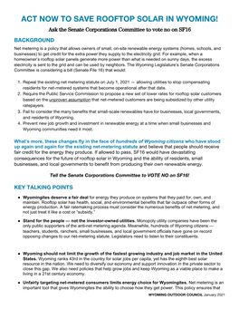 ACT NOW to SAVE ROOFTOP SOLAR in WYOMING! Ask the Senate Corporations Committee to Vote No on SF16