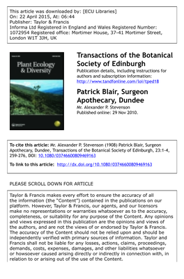 Transactions of the Botanical Society of Edinburgh Patrick Blair, Surgeon