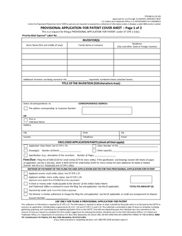 PROVISIONAL APPLICATION for PATENT COVER SHEET – Page 1 of 2 This Is a Request for Filing a PROVISIONAL APPLICATION for PATENT Under 37 CFR 1.53(C)