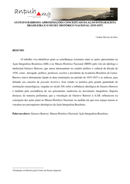 Gustavo Barroso: Aproximações Conceituais Da Ação Integralista Brasileira E O Museu Histórico Nacional (1933-1937)