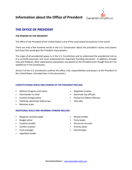 Information About the Office of President