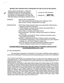 Interim Order Approving the Oklahoma Universal Service Fund Factor Beginning July 1, 2019