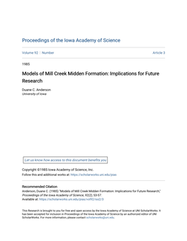 Models of Mill Creek Midden Formation: Implications for Future Research