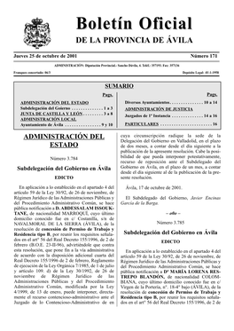 BOLETÍN OFICIAL DE ÁVILA 25 De Octubre De 2001 Febrero (B.O.E